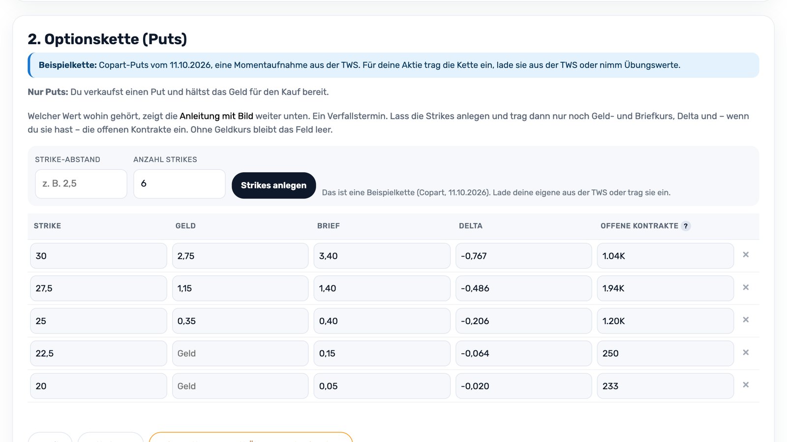 Optionskette in der Optionswerkstatt mit Geld, Brief und Delta