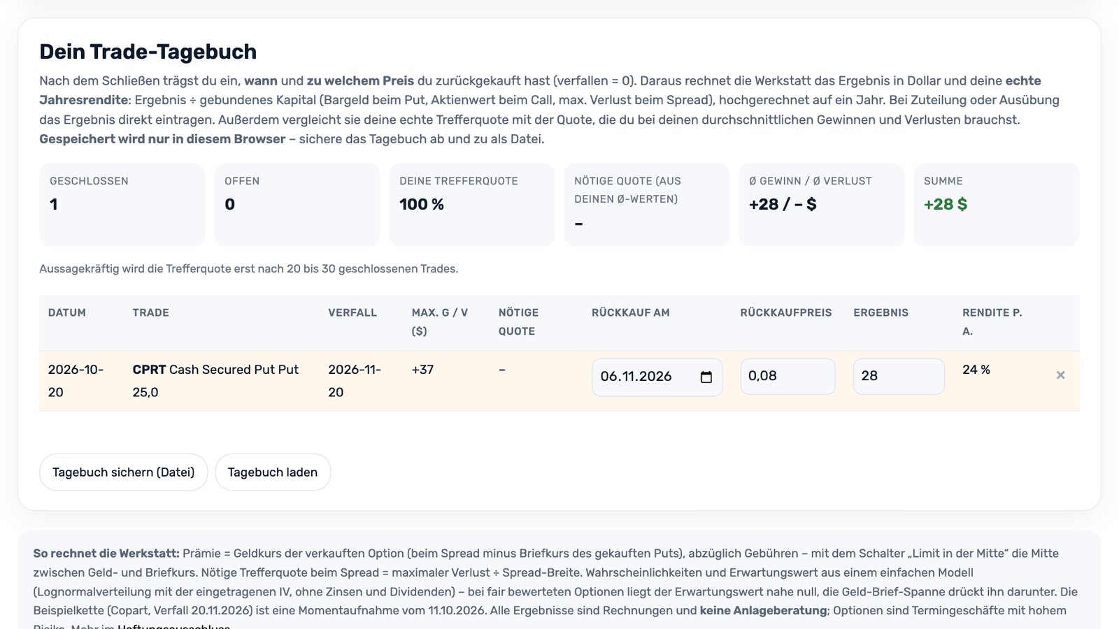 Trade-Tagebuch mit Ergebnis und Jahresrendite
